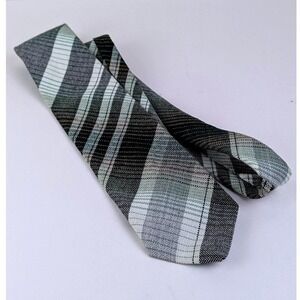 Vintage Wembley Mens Plaid Necktie Green Brown Black White Textured Check Tie